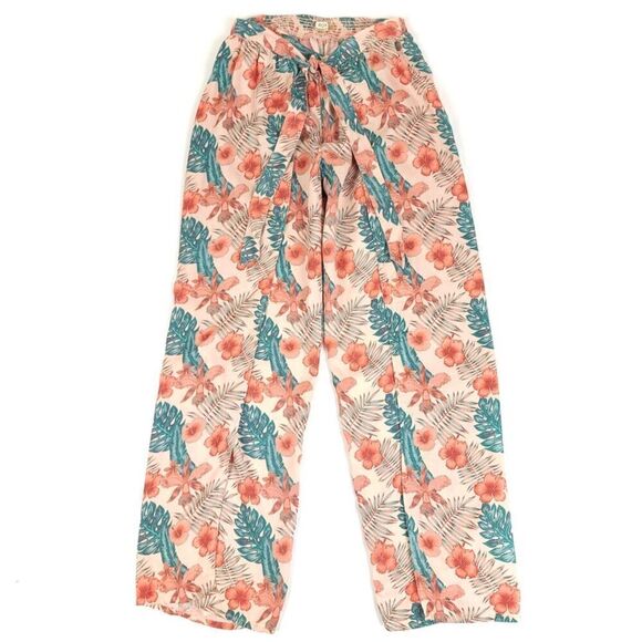 NEW Roxy Olivia Wide Leg Wrap Waist Slit Leg Flyaway Pant Tan Hawaiian Floral XS - Picture 1 of 8
